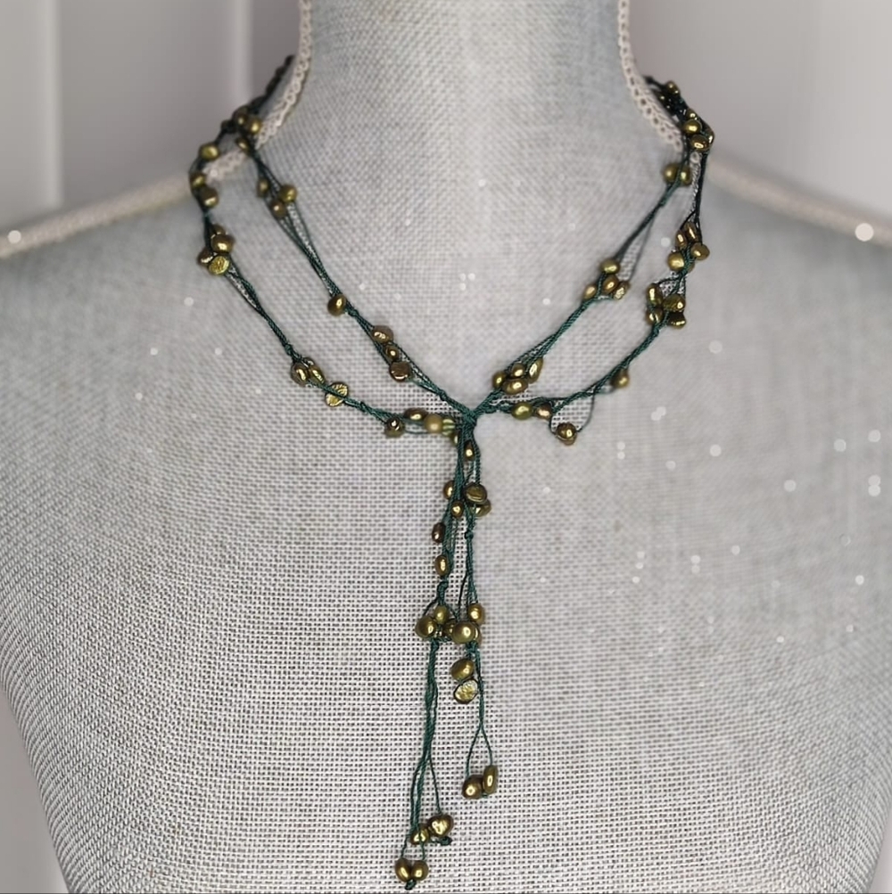 Genuine Freshwater Olive Pearl Lariat Handknit Pearl Scarf